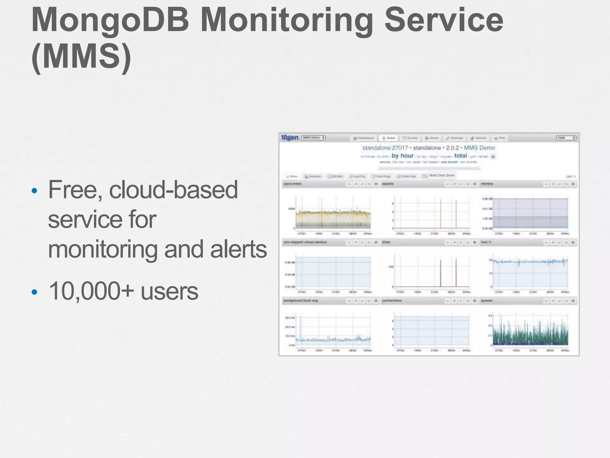 MongoDB Monitoring Service
(MMS)


• Free, cloud-based
 service for
 monitoring and alerts
• 10,000+ users
 