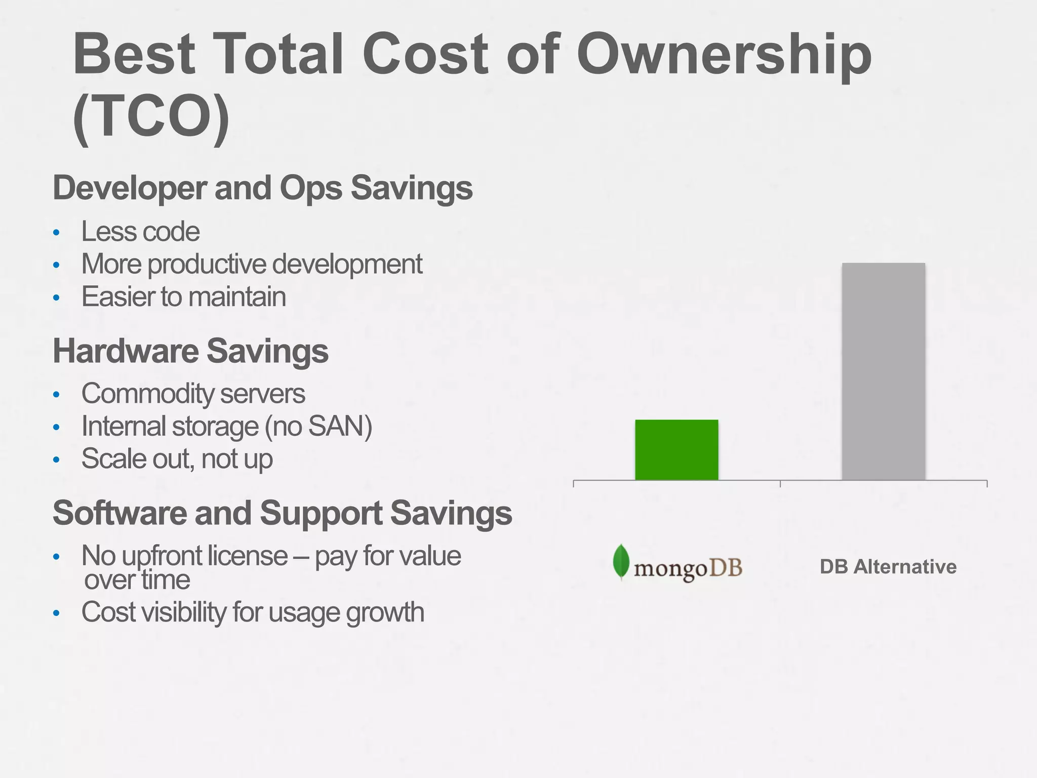 Best Total Cost of Ownership
 (TCO)
Developer and Ops Savings
• Less code
• More productive development
• Easier to maintain

Hardware Savings
• Commodity servers
• Internal storage (no SAN)
• Scale out, not up

Software and Support Savings
• No upfront license – pay for value   DB Alternative
  over time
• Cost visibility for usage growth
 