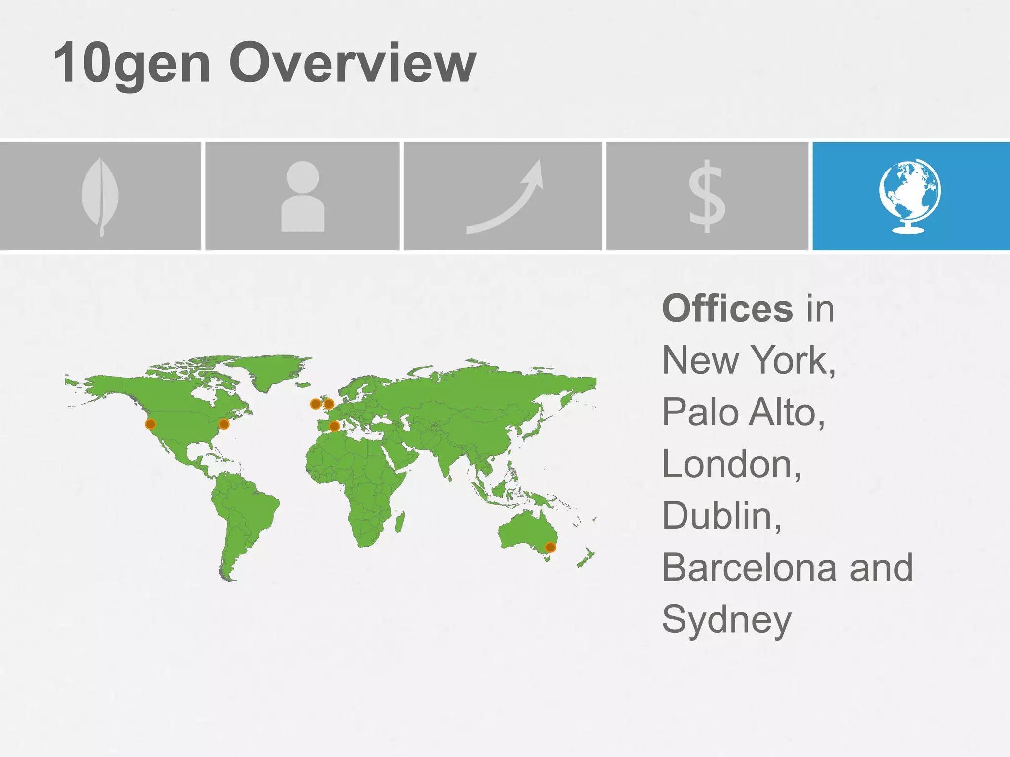10gen Overview



                 Offices in
                 New York,
                 Palo Alto,
                 London,
                 Dublin,
                 Barcelona and
                 Sydney
 