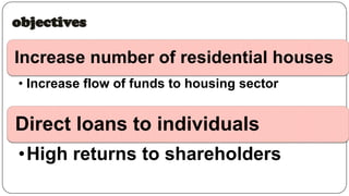 objectives

Increase number of residential houses
• Increase flow of funds to housing sector

Direct loans to individuals
•High returns to shareholders

 