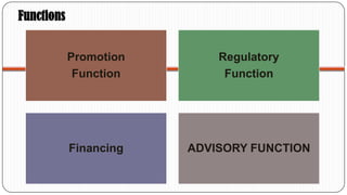 Functions
Promotion
Function

Regulatory
Function

Financing

ADVISORY FUNCTION

 