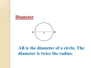 Diameter
A c B
AB is the diameter of a circle. The
diameter is twice the radius.