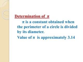 Determination of π
π is a constant obtained when
the perimeter of a circle is divided
by its diameter.
Value of π is approximately 3.14