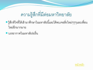 ความรู้สึกที่มีต่อมหาวิทยาลัย 
 รู้สึกดีใจที่ได้เข้ามาศึกษาในมหาลัยนีแ้ละได้พบเจอสงิ่ใหม่ๆๆๆและเพื่อน 
ใหม่อีกมากมาย 
 บรรยากาศในมหาลัยร่มรื่น 
หน้าหลัก 
