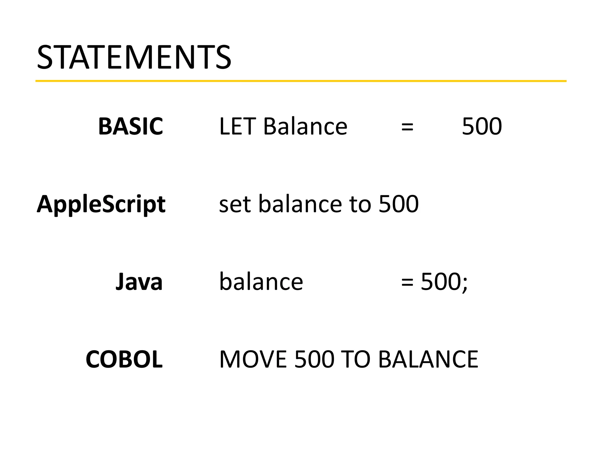 STATEMENTS
BASIC LET Balance = 500
AppleScript set balance to 500
Java balance = 500;
COBOL MOVE 500 TO BALANCE
 