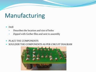 Manufacturing
 Drill
• Describes the location and size of holes
• Zipped with Gerber files and sent to assembly
 PLACE THE COMPONENTS
 SOULDER THE COMPONENTS AS PER CIRCUIT DIAGRAM
 