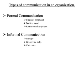 Types of communication in an organization.
 Formal Communication
Chain of command
Written word
Representative system
 Informal Communication
Gossips
Grape vine talks
Chit chats
 