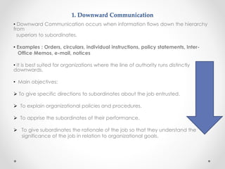1. Downward Communication
• Downward Communication occurs when information flows down the hierarchy
from
superiors to subordinates.
• Examples : Orders, circulars, individual instructions, policy statements, Inter-
Office Memos, e-mail, notices
• It is best suited for organizations where the line of authority runs distinctly
downwards.
• Main objectives:
 To give specific directions to subordinates about the job entrusted.
 To explain organizational policies and procedures.
 To apprise the subordinates of their performance.
 To give subordinates the rationale of the job so that they understand the
significance of the job in relation to organizational goals.
 