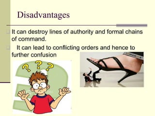 Disadvantages
 It can destroy lines of authority and formal chains
of command.
 It can lead to conflicting orders and hence to
further confusion
 