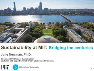 Sustainability at MIT: Bridging the centuries
Julie Newman, Ph.D.
Director, MIT Office of Sustainability
Lecturer, MIT Department of Urban Studies and Planning
2
 