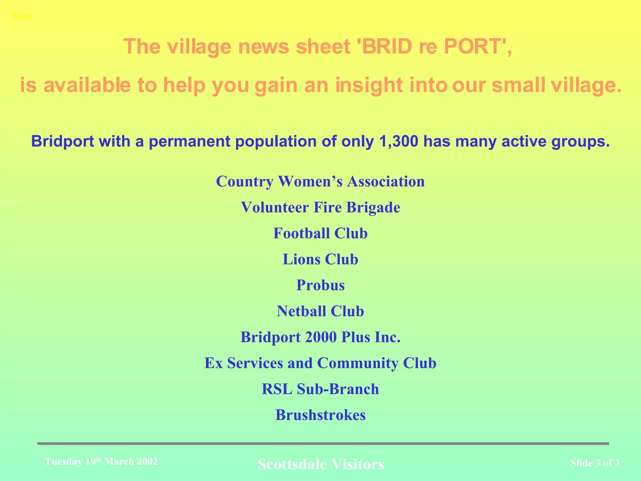 The village news sheet 'BRID re PORT', is available to help you gain an insight into our small village. Country Women’s Association Volunteer Fire Brigade Football Club Lions Club Probus Netball Club Bridport 2000 Plus Inc. Ex Services and Community Club RSL Sub-Branch Brushstrokes Slow Bridport with a permanent population of only 1,300 has many active groups.