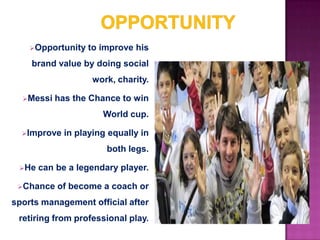 Opportunity

to improve his

brand value by doing social
work, charity.
Messi

has the Chance to win
World cup.

Improve

in playing equally in
both legs.

He

can be a legendary player.

Chance

of become a coach or

sports management official after
retiring from professional play.

 