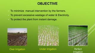 OBJECTIVE
• To minimize manual intervention by the farmers.
• To prevent excessive wastage of water & Electricity.
• To protect the plant from instant damage.
Over Irrigation Under Irrigation Perfect
Irrigation
 