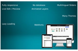 Fully responsive
Webfonts
Multilingual ݺߣrs
No database
Animated Layers
Many Themes
Live Edit / Preview
Lazy Loading
 