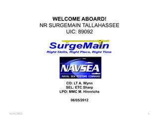 WELCOME ABOARD!
            NR SURGEMAIN TALLAHASSEE
                    UIC: 89092




                    CO: LT A. Wynn
                    SEL: ETC Sharp
                 LPO: MMC M. Hinnrichs

                      06/05/2012


6/19/2012                                1
 
