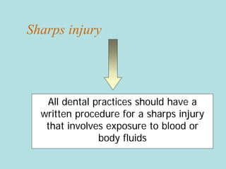 Sharps injury
All dental practices should have a
written procedure for a sharps injury
that involves exposure to blood or
body fluids
 