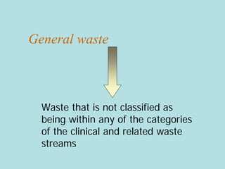 General waste
Waste that is not classified as
being within any of the categories
of the clinical and related waste
streams
 