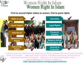 First to accord higher status to women, first to grant rights “ It was Islam that removed the bondage in which women are held from the very dawn of history  and gave them a social standing and legal rights which  were not granted to them in  England till many centuries later.” Lady Cabbold , Pilgrimage to Mecca Women Right In Islam Social Rights Inheritance Maintenance  Rights Privacy &  Chastity     Legal Rights Respect during  Menstruation days   Ownership  Rights  Security & Protection  Right to Live  Education  