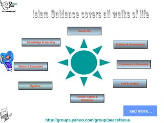 Law & Justice Ethics & Etiquettes Commerce & Economy Politics & Governance Social life Knowledge & learning Hygiene Human Rights & Relations and more… Islam Guidance covers all walks of life 