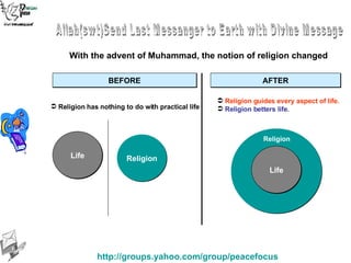 Religion Life Religion Religion has nothing to do with practical life Religion guides every aspect of life. Religion betters life. BEFORE AFTER Religion  With the advent of Muhammad, the notion of religion changed Life Allah(swt)Send Last Messanger to Earth with Divine Message 