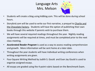 Language Arts Mrs. Melson Students will create a blog using kidblog.com. This will be done during school hours. Storybird.com will be used to write our first narrative, a prequel to  Charlie and the Chocolate Factory .  Students will have the option of publishing their own books through this website if parents wish to purchase them. We will have several required readings throughout the year.  Nightly reading assignments will be required at times, and must be completed prior to the next class meeting.  Accelerated Reader Program   is used as a way to assess reading comprehension and growth.  More information will be sent home at a later date. Throughout the year students will have Individual writing conferences when writing assignments are given. Four-Square Writing Method by Judith S. Gould  and Evan Jay Gould is used to organize assigned essays. All essays are graded using the 4-point rubric based on the Benchmark Exam. 