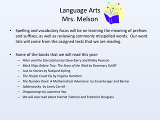 Language Arts Mrs. Melson Spelling and vocabulary focus will be on learning the meaning of prefixes and suffixes, as well as reviewing commonly misspelled words.  Our word lists will come from the assigned texts that we are reading. Some of the books that we will read this year: Peter and the Starcatchers   by Dave Barry and Ridley Pearson Black Ships Before Troy: The Story of the Illiad  by Rosemary Sutliff Just So Stories  by Rudyard Kipling The People Could Fly  by Virginia Hamilton The Number Devil: A Mathematical Adventure  by Enzenberger and Berner Jabberwocky  by Lewis Carroll Dragonwings  by Lawrence Yep We will also read about Harriet Tubman and Frederick Douglass 