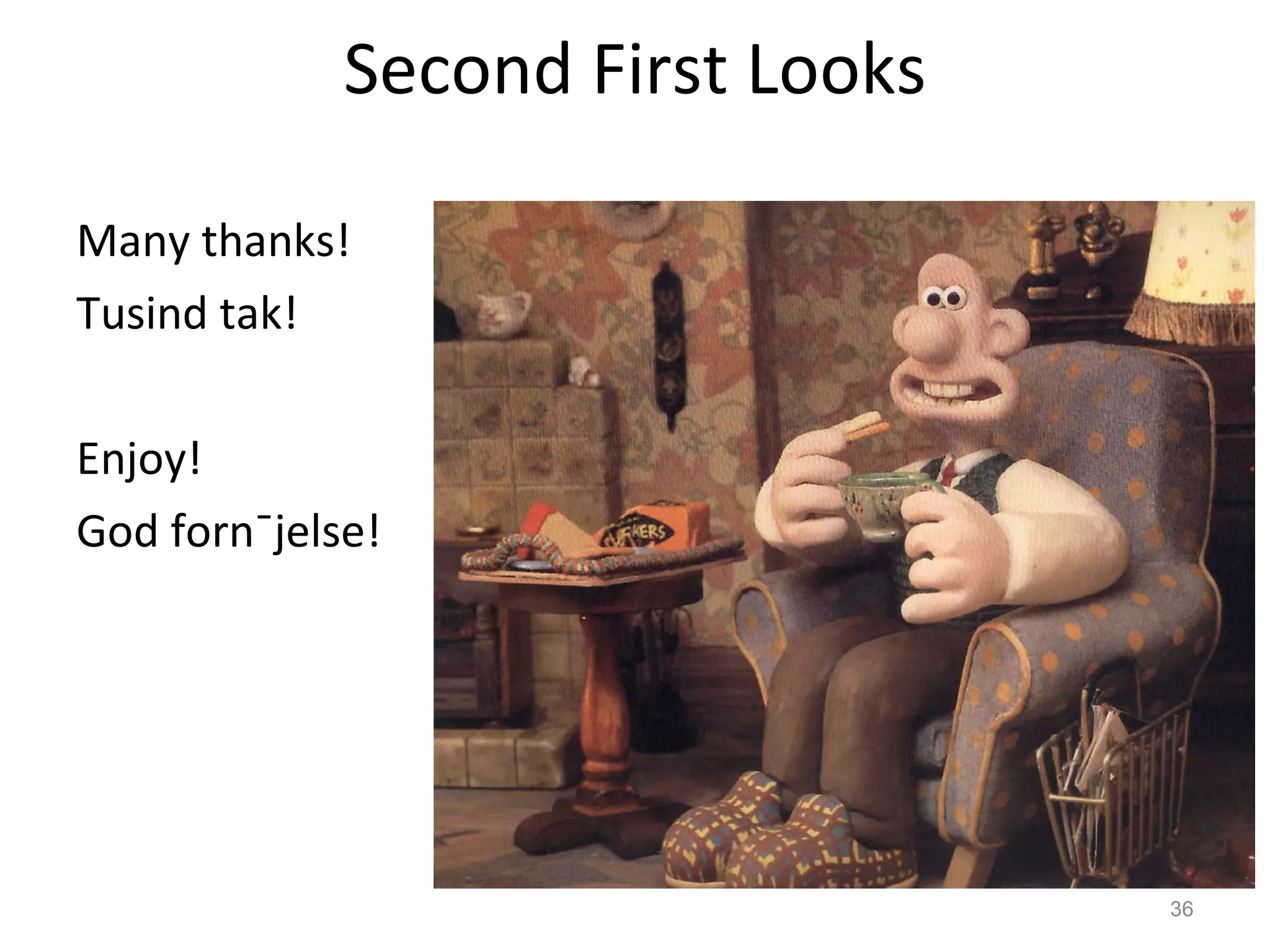 Second First Looks Many thanks! Tusind tak! Enjoy! God fornøjelse! 