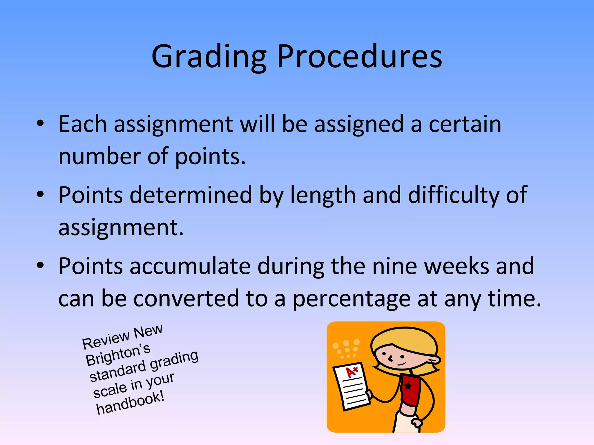 Grading Procedures Each assignment will be assigned a certain number of points. Points determined by length and difficulty of assignment. Points accumulate during the nine weeks and can be converted to a percentage at any time. Review New Brighton’s standard grading scale in your handbook! 