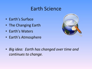 Earth Science Earth’s Surface The Changing Earth Earth’s Waters Earth’s Atmosphere Big idea:  Earth has changed over time and continues to change.  