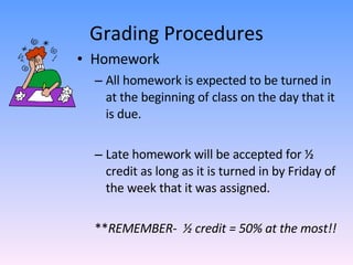 Grading Procedures Homework All homework is expected to be turned in at the beginning of class on the day that it is due. Late homework will be accepted for ½ credit as long as it is turned in by Friday of the week that it was assigned.  ** REMEMBER-  ½ credit = 50% at the most!! 