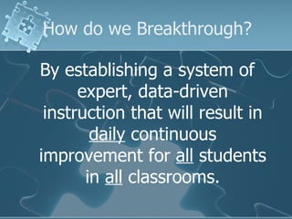 How do we Breakthrough? By establishing a system of expert, data-driven instruction that will result in  daily  continuous improvement for  all  students in  all  classrooms. 