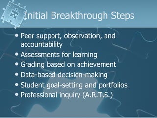 Initial Breakthrough Steps Peer support, observation, and accountability Assessments for learning Grading based on achievement Data-based decision-making Student goal-setting and portfolios Professional inquiry (A.R.T.S.) 