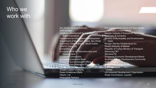 Atkins AcuityAtkins Acuity21 July 2016 14Atkins Acuity
Abu Dhabi Housing Authority
BNP Paribas
Deutsche Gesellschaft für Internationale
Zusammenarbeit
Department for International Development
Department of Municipal Affairs, Abu Dhabi
Economic Cities Authority, Saudi Arabia
Ernst & Young Llp
EuropeAid
European Bank for Reconstruction and
Development
European Commission
European Investment Bank
Foreign & Commonwealth Office
Global Climate Adaptation PartnershipLtd
Government of Sri Lanka
Greater London Authority
Green Investment Bank
Hitachi, Ltd
Infracapital Partners
Macquarie Infrastructure and Real Assets
(Europe) Limited (MIRA)
Masdar Institute of Science & Technology
McKinsey & Company
Ministry of Municipality and Environment,
Qatar
Morgan Stanley Infrastructure Inc.
Roads Authority of Malawi
Republic of Turkey Ministry of Transport
Samsung C&T
Siemens Plc
Singapore Economic Development Board
Southern African Development Community
State of Qatar
Sustainable Energy for All
The World Bank
Toshiba
UN Industrial Development Organization
Water Commission, Lesotho
Who we
work with
 