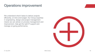 Atkins Acuity21 July 2016 44
We understand what it takes to deliver projects
efficiently, on time and budget. Our Group expertise
in engineering, design and project management
means we can advise on process management and
improvement, help get the right IT support and
manage on-going performance.
Operations improvement
 