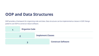 OOP and Data Structures
OOP provides a framework for organizing code and data. Data structures can be implemented as classes in OOP. Design
patterns use OOP to construct robust software.
1 Organize Code
2 Implement Classes
3 Construct Software
 