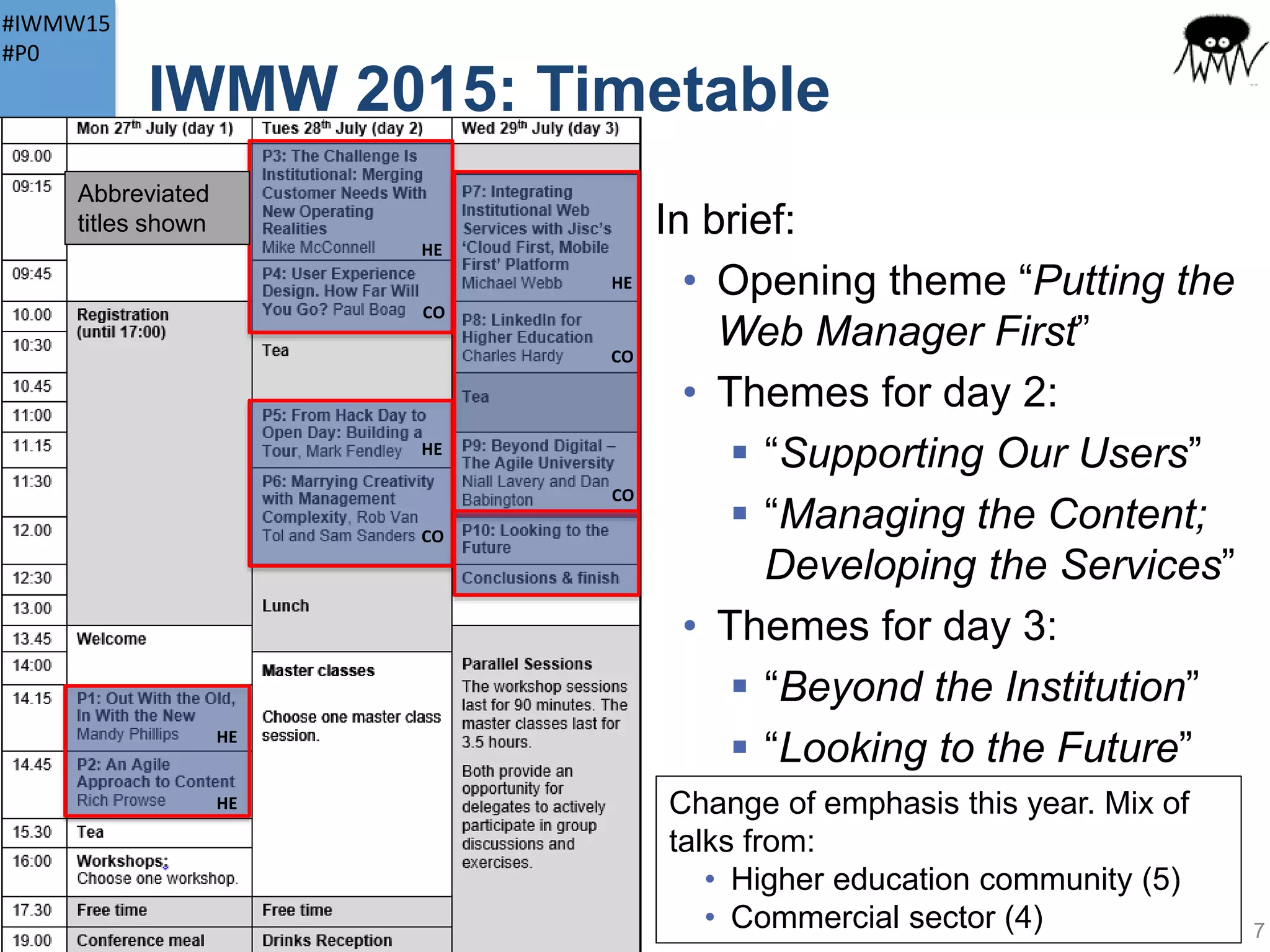 #IWMW15
#P0
IWMW 2015
IWMW 2015:
• The 19th in the series
• Theme “Beyond Digital: Transforming the
Institution”
The theme inspired by:
• Various talks and final panel session at IWMW 2014:
“Is ‘Web’ old fashioned?”
• Discussions with IWMW 2015 advisory group:
Ross Ferguson, Alison Kerwin, Mike McConnell,
Claire Gibbons & Michael Nolan
7
 