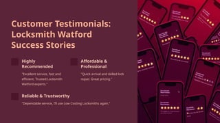 Customer Testimonials:
Locksmith Watford
Success Stories
Highly
Recommended
"Excellent service, fast and
efficient. Trusted Locksmith
Watford experts."
Affordable &
Professional
"Quick arrival and skilled lock
repair. Great pricing."
Reliable & Trustworthy
"Dependable service, I’ll use Low Costing Locksmiths again."
 
