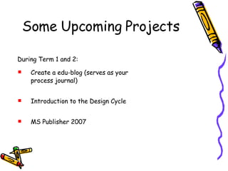 Some Upcoming Projects  Create a edu-blog (serves as your process journal)  Introduction to the Design Cycle MS Publisher 2007 During Term 1 and 2: 