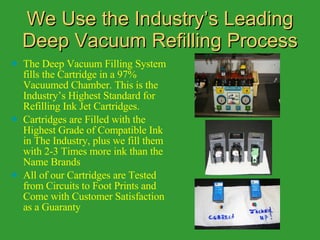 We Use the Industry’s Leading Deep Vacuum Refilling Process The Deep Vacuum Filling System fills the Cartridge in a 97% Vacuumed Chamber. This is the Industry’s Highest Standard for Refilling Ink Jet Cartridges. Cartridges are Filled with the Highest Grade of Compatible Ink in The Industry, plus we fill them with 2-3 Times more ink than the Name Brands All of our Cartridges are Tested from Circuits to Foot Prints and Come with Customer Satisfaction as a Guaranty 