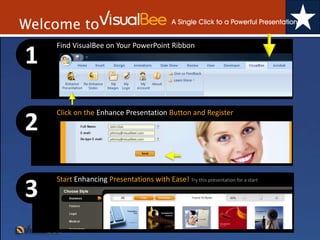 Welcome to Find VisualBee on Your PowerPoint Ribbon 1 Click on the Enhance Presentation Button and Register 2 John Doe johnny@visualbee.com johnny@visualbee.com Start Enhancing Presentations with Ease! Try this presentation for a start 3 