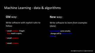 davio@brainsparks.io | @daviolarnout
Machine Learning - data & algorithms
Old way:
Write software with explicit rules to
follow:
if email contains V!agrå
then mark is-spam;
if email contains …
if email contains …
New way:
Write software to learn from examples
(data):
try to classify some emails;
change self to reduce errors
repeat;
 