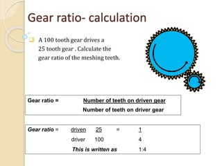 Gear ratio- calculation
 A 100 tooth gear drives a
25 tooth gear . Calculate the
gear ratio of the meshing teeth.
Gear ratio = Number of teeth on driven gear
Number of teeth on driver gear
Gear ratio = driven 25 = 1
driver 100 4
This is written as 1:4
 