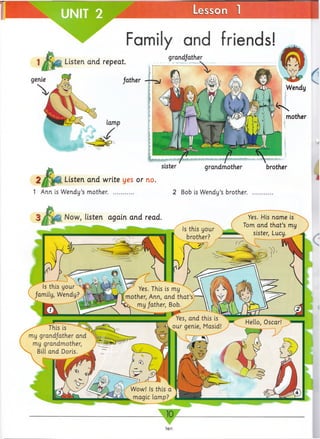 UNIT 2 _____________Lesson 1
Now, listen again and read
,
Yes. His name is
Tom and that’s my
sister, Lucy.
Is this your
brother?
r Yes. This is m y ^ x / ^ K 3
mother, Ann, and that’s—
Ik my father, Bob.  t ^
— Yes, and this is
I® ® our genie, Masid!
Hello, Oscar!
This is ( "
my grandfather and
my grandmother,
Bill and Doris.
3 —m i
t Wow! Is this a
magic lamp?
Listen and repeat.
Family and friends!
grand/ather
father
mother
sister grandmother
2/JfM k Listen and write yes or no.
1 Ann is Wendy’s mother. .......... 2 Bob is Wendy’s brother.
brother
/-nir
 