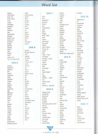 Word List
happy
helicopter
how old
how many
love
make
nineteen
present
robot
section
see
seventeen
sixteen
thank you
there are
thirteen
today
twelve
twenty
twins
use
watch
wish
years old
You’re welcome!
Unit 5
always
ballerina
behind
bin
boots
channel
chef
clothes
clown
coat
doctor
dress
evening
get
glasses
gloves
good
help
hers
his
jacket
long
mine
mirror
night
nurse
ours
play
point
policeman
policewoman
right Unit 7 lunch
school play memo
shelf any menu
shirt arm milk
shoes beautiful new
short blonde OK
shorts body orange juice
skirt ear order
small everything pizza
so eye please
team face potato
theirs finger ready
these foot - feet rice
think hair salad
too hand sausage
trousers have got some
yours has got thing
head thirsty
Unit 6 how many tomato
beach
hurry up watch out
knee water
Burger-World leg What can I get you?
can man - men
carpet monster Unit 9cinema mouse - mice
class mouth boat
come here nose chocolate
cook planet cold
dance sad come
do shoulder dishes
drive toe drink
drum tooth-teeth eat
Eiffel Tower try
ugly
what’s ... like?
fun
fish home
fly homework
go we hot
great which one kisses
guitar why lake
hear woman - women line
him lots of
homework Unit 8 lunch
jump
apple juice
make
me music
park anything postcard
piano banana rain
please beans sail
questionnaire bread school trip
question burger sea
ride Can you get some? sleep
run carrot snow
soccer chicken snowman
sorry dish sunny
stop food wait
swim French fries wash
tell fridge watch
tennis hamburger wear
zoo hot dog weather
hungry well
lemonade windy
wrong
Unit 10
afternoon
at
breakfast
cinema
coffee
day
dinner
evening
every
Friday
get up
go to bed
gym
hooray
it’s time
lunch
Monday
morning
night
noon
o’clock
on TV
player
point
pool
Saturday
shower
singer
spaghetti
Sunday
theatre
Thursday
tidy
time
Tuesday
visit
wake up
want
Wednesday
week
Well done!
What time is it?
work
Unit 11
April
August
autumn
because
by
catch
classroom
cover
December
a hundred and eight
 