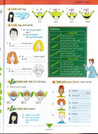 LESSON 1 UNIT 7
4 Look arid say.
He h a sn ’t
any
o rn ’t q
hairl
5 Look, say and write.
1 A: Has he got green
eyes?
B: No, he h asn ’t.
He’s got blue eyes!
2 A: ................... brown hair?
B: No, .....................................
3 A: ..................brown eyes?
B: No, ....................................
4 A : ...................... black hair?
B: N o , .....................................
Listen and tick (/) the box.
• Which one is Zog?
Listen and repeat.
A: W hat’s Lin like?
B: She’s got brown
eyes and black
hair.
eyes ears teeth
Grammar 8
Long form
I/you have got
he/she/it has got
we/you/they have got
(/you have not got
he/she/it has not got
we/you/they have not got
Have I/you got?
Has he/she/it got?
Have we/you/they got?
Short Jorm I
I / you’ve got
he /she/it’s got ^ 1
w e/you/they’ve got
I / you haven’t got
he /she/it hasn’t got
we/you/they haven’t got
§ Talk with your/riend, then write.
A: W hat’s .
B: He’s got
45
like?
A: W hat’s
B: She’s ..
A: W hat’s
B: ............
forty-five
 