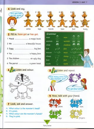 LESSON 2 UNIT 7
4 Look arid say.
r!
P
t
Grammar
man men
woman women
children
mouse mice
He’s got hair
on his arms!
handsarms
Masid a magic book
a beautiful house
big feet
a happy face
The children
^Listen and colour %/Xfe^Listen, and repeat.
How m any arm s has
s ^ h e m onster got? >
It’s g o t/o u r arms!
f Look, ask and answer
W hat colour is the m onster’s head?
It’s green.
W hat colour are the m onster’s hands?
They’re pink.
forty-seven
 