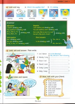 4 Look and say.
® <2
A: W h at’s the w eather like?
raining windy snowing
LESSON 1 UNIT 9
B: It’s raining.
sunny
Grammar
m
I am /l’m drinking milk.
You are/You’re drinking milk. I V /U . U .I C I I U I / I W U . U I C I I L *JLI II t i v t l I I l l l l V .
He is, She is, It is  d M m milk He is not, She is not, It is not/  . . . . ...
He’s, She’s, It’s J He isn’t, She isn’t, It isn’t J
Negative
I am not/i’m not drinking milk.
You are not/You aren’t drinking milk.
He is not, She is not, It is not/ "1 .
He isn’t, She isn’t, It isn’t [ rir
Interrogative
Am I drinking milk?
Are you drinking milk?
Is he, Is she, Is it drinking milk?
Short answ ers
Is she drinking milk?ilk? j "
Yes, she is.
No, she isn’t.
5 Look, ask and answer. Then write.
1 Lin / dance A
B
2 Wendy / sing A
B
3 Oscar / eat A
B
4 Masid / cook A
B
5 Cindy / jum p A
B
6 Eddy / sleep A
B
Is Lin dancing?
No, she isn’t. She’s drawing.
Listen and repeat. 7 Now, talk with your/riend.
C
do my homework
read a book
• make a cake
• eat a burger
• cook some chicken
• drink milk
• watch. TV
• listen to music
fifty-seven
 