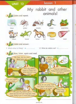 UNIT 12 Lesson
Listen and repeat.
My rabbit and other
animals!
clever lizard
2 ^ f p - . Listen and answer.
1 W hat colour is Pinky? w ........ 2 W hat do rabbits eat? v .
Now, listen again and read
seventy-six
cheese
insects
horse tail
vegetables
m eat
snake
 
