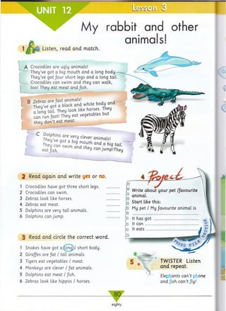 My rabbit and other
animals!Listen, read and match.
Crocodiles are ugly animals!
They’ve got a big m outh and a long body.-
They’ve got four short legs and a long tail.
Crocodiles can swim and they can walk,
too! They eat m eat and fish.
B white b o d y and
a long tail. They look like horses. They
can run,fast! They eat vegetables but
they d o n ’t eat meat.
f l w J w * T y d e W r anim a^
They can sw “m a n d th e u ° * 9 taiL
eat fish. 6y can Jump!They
2 Read again and write yes or no.
1 Crocodiles have got three short legs.
2 Crocodiles can swim.
3 Zebras look like horses.
4 Zebras eat meat.
5 Dolphins are very tall animals.
6 Dolphins can jump.
3 Read and circle the correct word.
1
2
3
4
5
6
Snakes have got a (long)/ short body.
Giraffes are fa t / tall animals.
Tigers eat vegetables / meat.
Monkeys are clever / fa t animals.
Dolphins eat m eat / /ish.
Zebras look like hippos / horses.
TWISTER Listen
and repeat.
Elephants can ’t phone
and /ish can’t/ly !
 