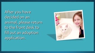 AAfftteerr yyoouu hhaavvee 
ddeecciiddeedd oonn aann 
aanniimmaall,, pplleeaassee rreettuurrnn 
ttoo tthhee ffrroonntt ddeesskk ttoo 
ffiillll oouutt aann aaddooppttiioonn 
aapppplliiccaattiioonn.. 
 